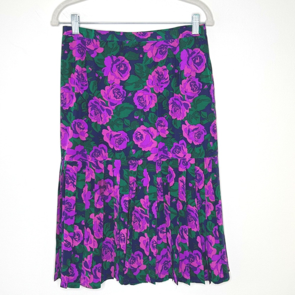 Purple floral skirt with pleated hem silk Size 12